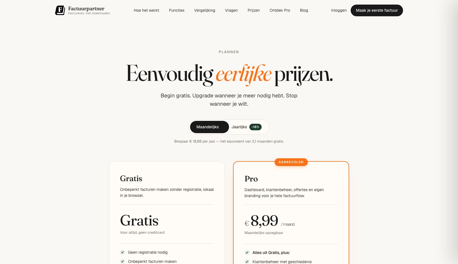 De prijzenpagina: gratis of Pro, met een schakelaar tussen maandelijks en jaarlijks