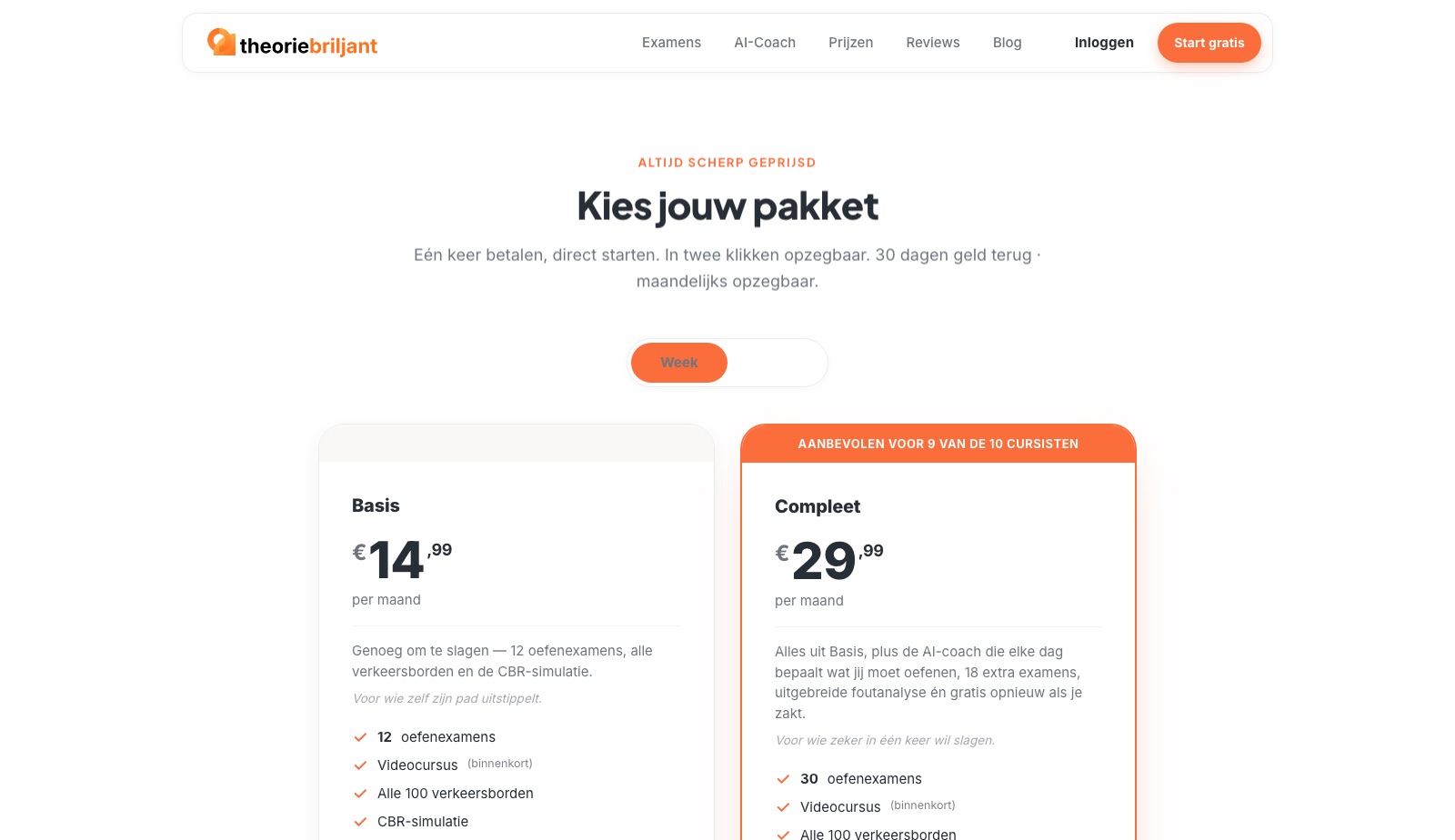 De prijzenpagina: twee pakketten naast elkaar, met wat erin zit en wat het per maand kost