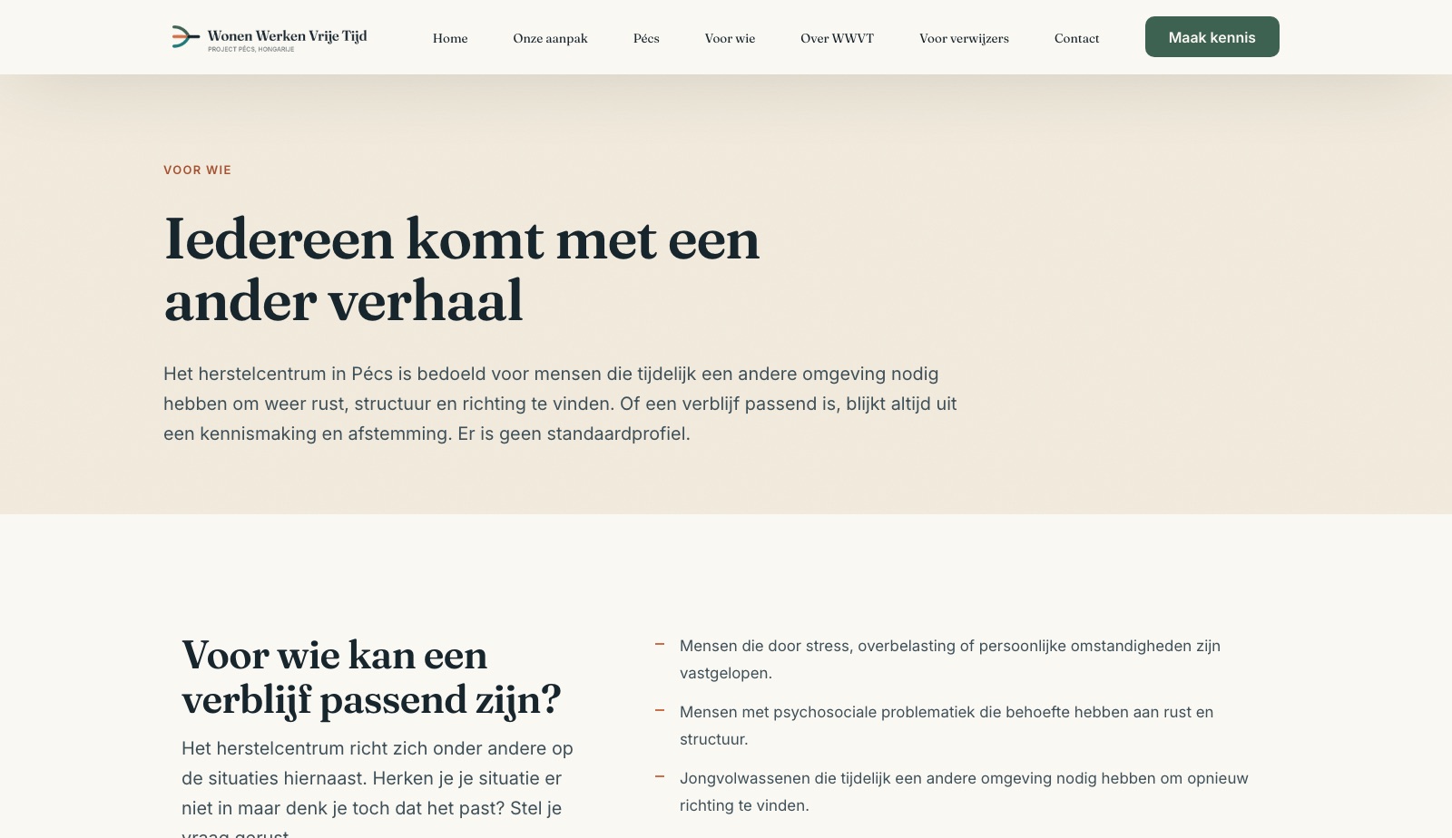 De pagina Voor wie: de kop, een korte uitleg en daaronder voor wie een verblijf passend kan zijn