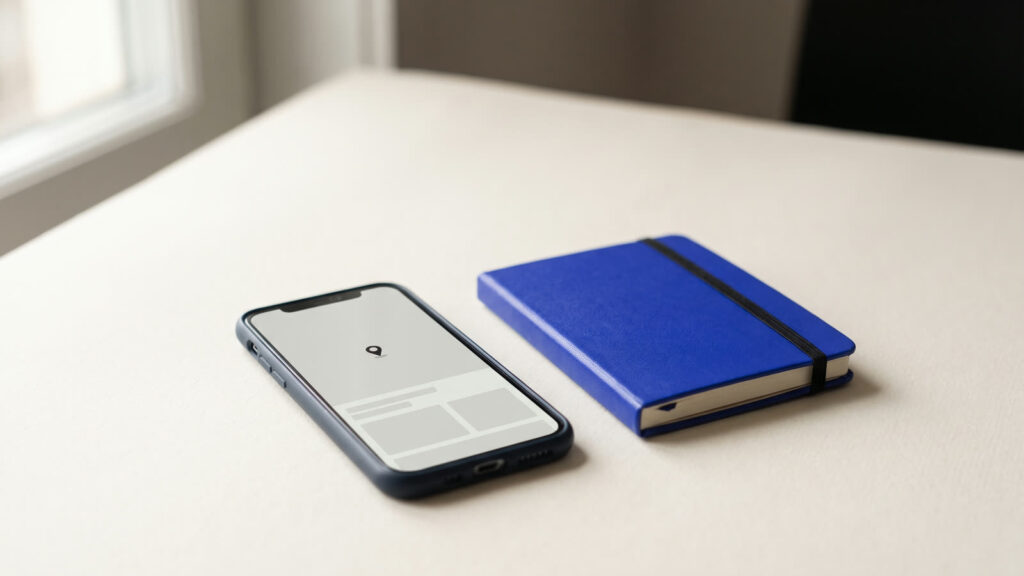 Telefoon met een kaartspeld op het scherm naast een blauw notitieboek