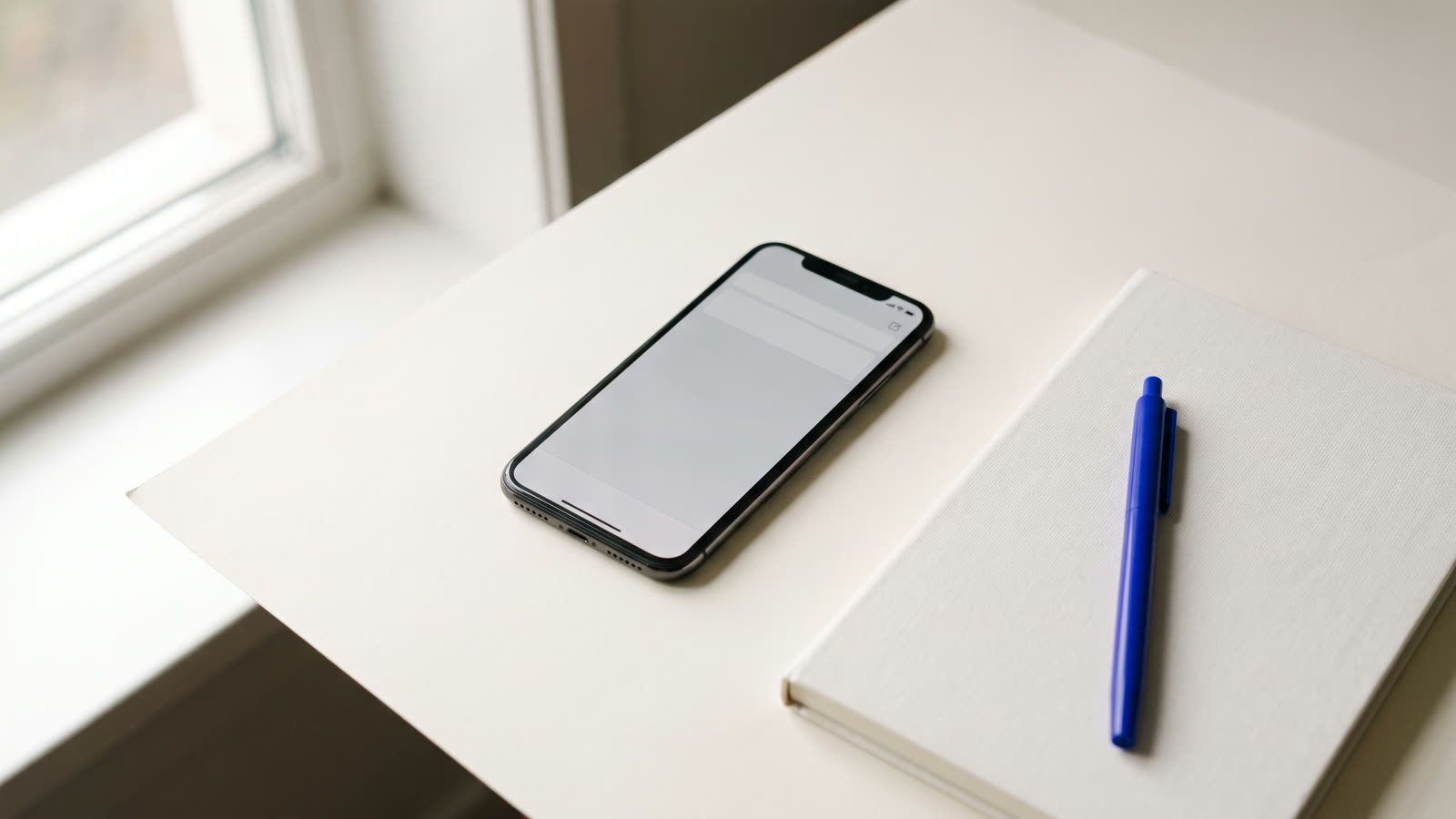 Telefoon met een leeg scherm naast een dicht notitieboek en een blauwe pen op een licht bureau