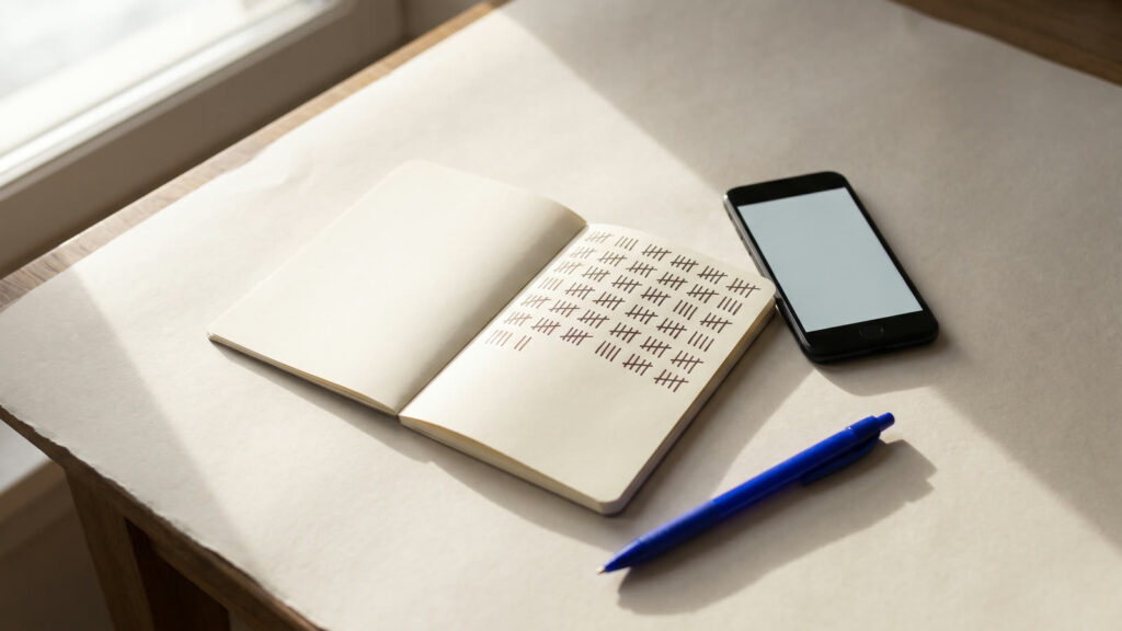 Opengeslagen notitieboek met turfstreepjes naast een telefoon en een blauwe pen