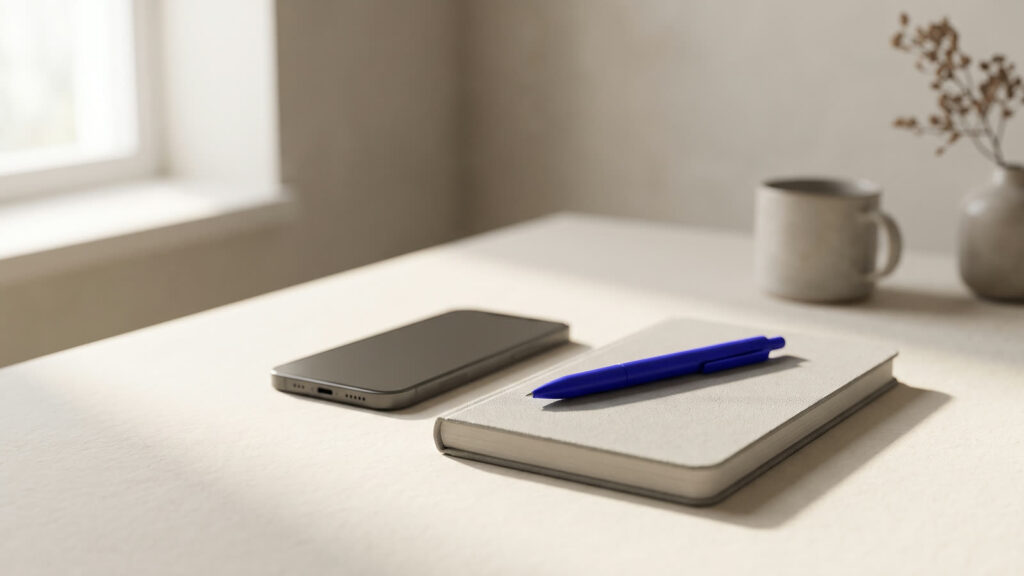 Telefoon en een grijs notitieboek met een blauwe pen op tafel, met een kop koffie op de achtergrond