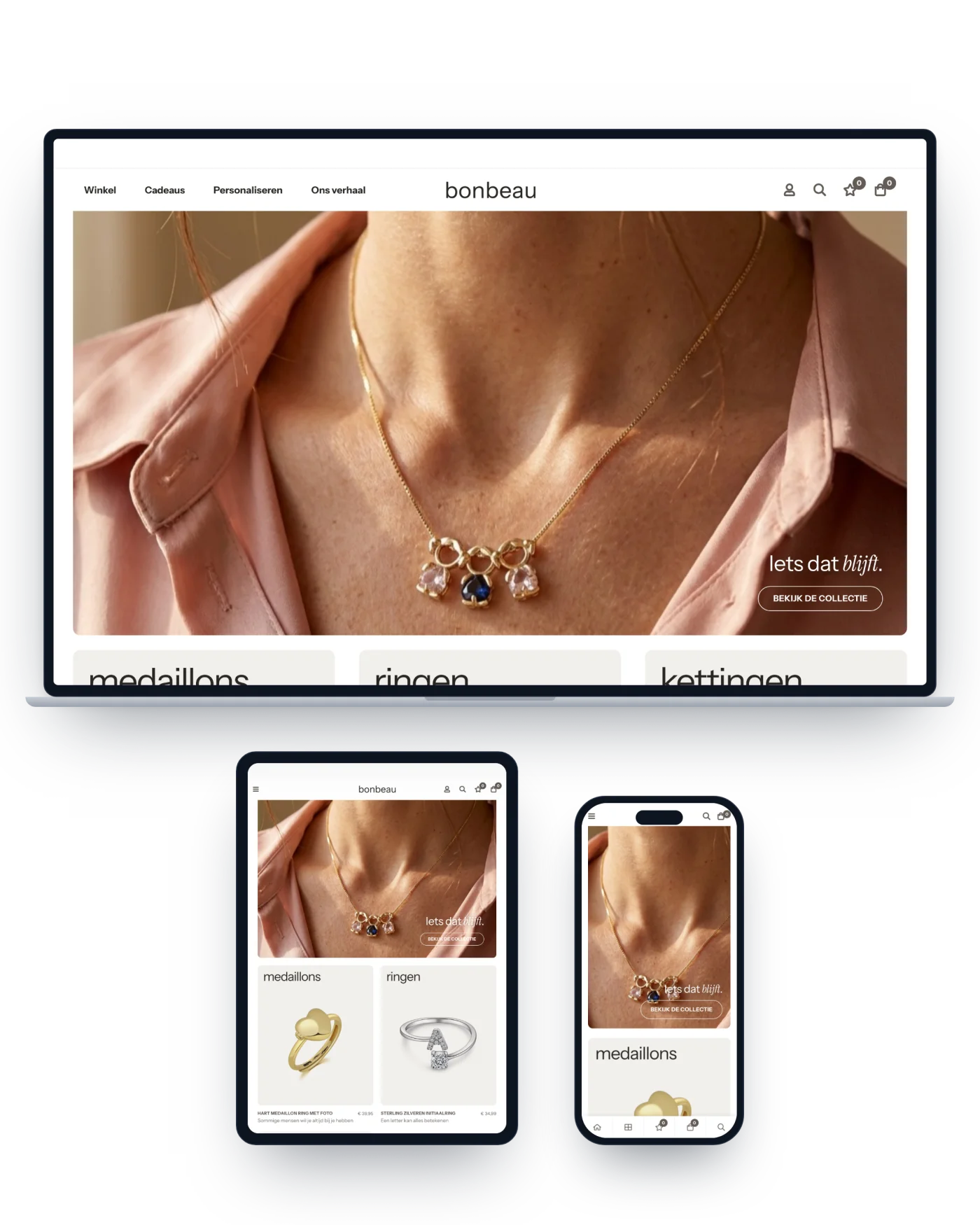 De webshop van Bonbeau op een laptop, tablet en telefoon