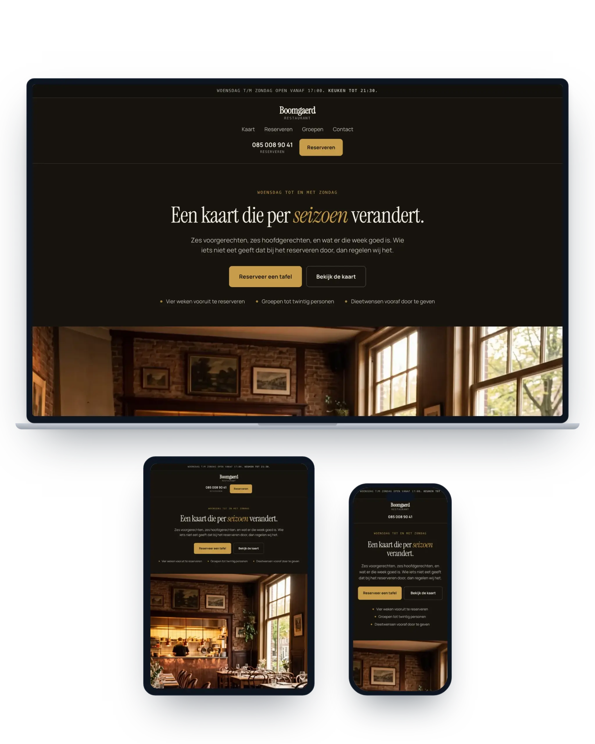 De demowebsite van Restaurant Boomgaerd op een laptop, tablet en telefoon