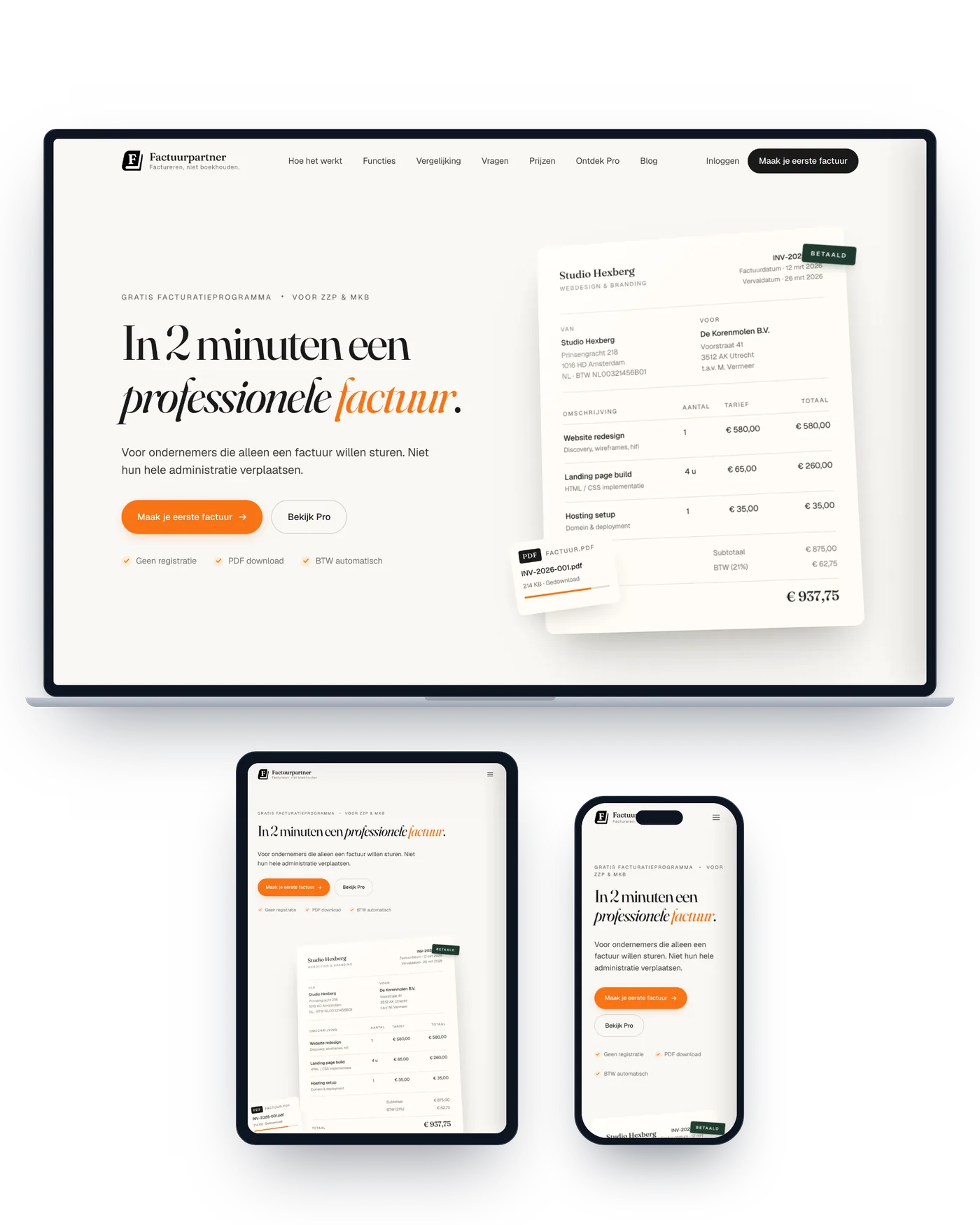 De website van FactuurPartner op een laptop, tablet en telefoon