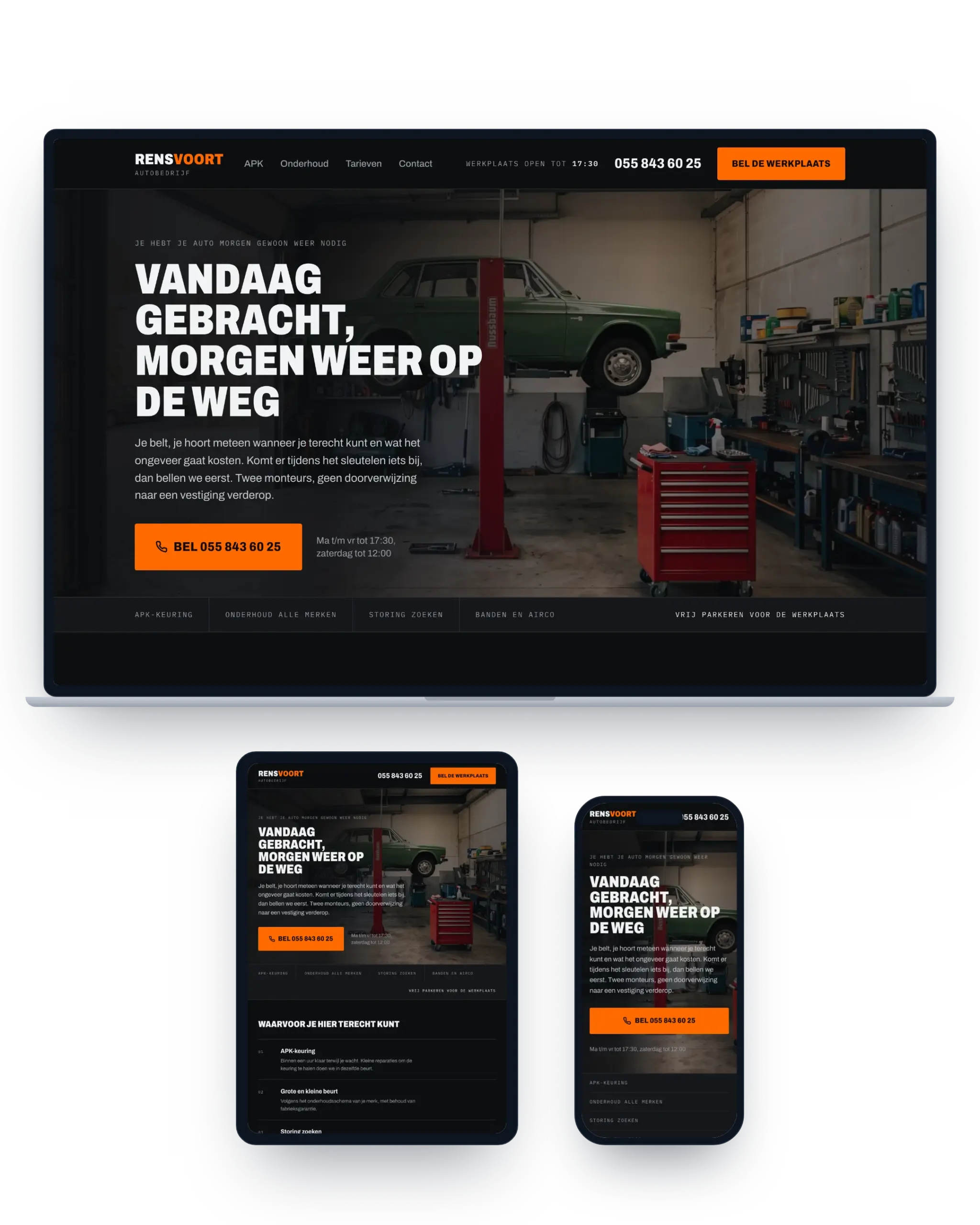 De demowebsite van Autobedrijf Rensvoort op een laptop, tablet en telefoon
