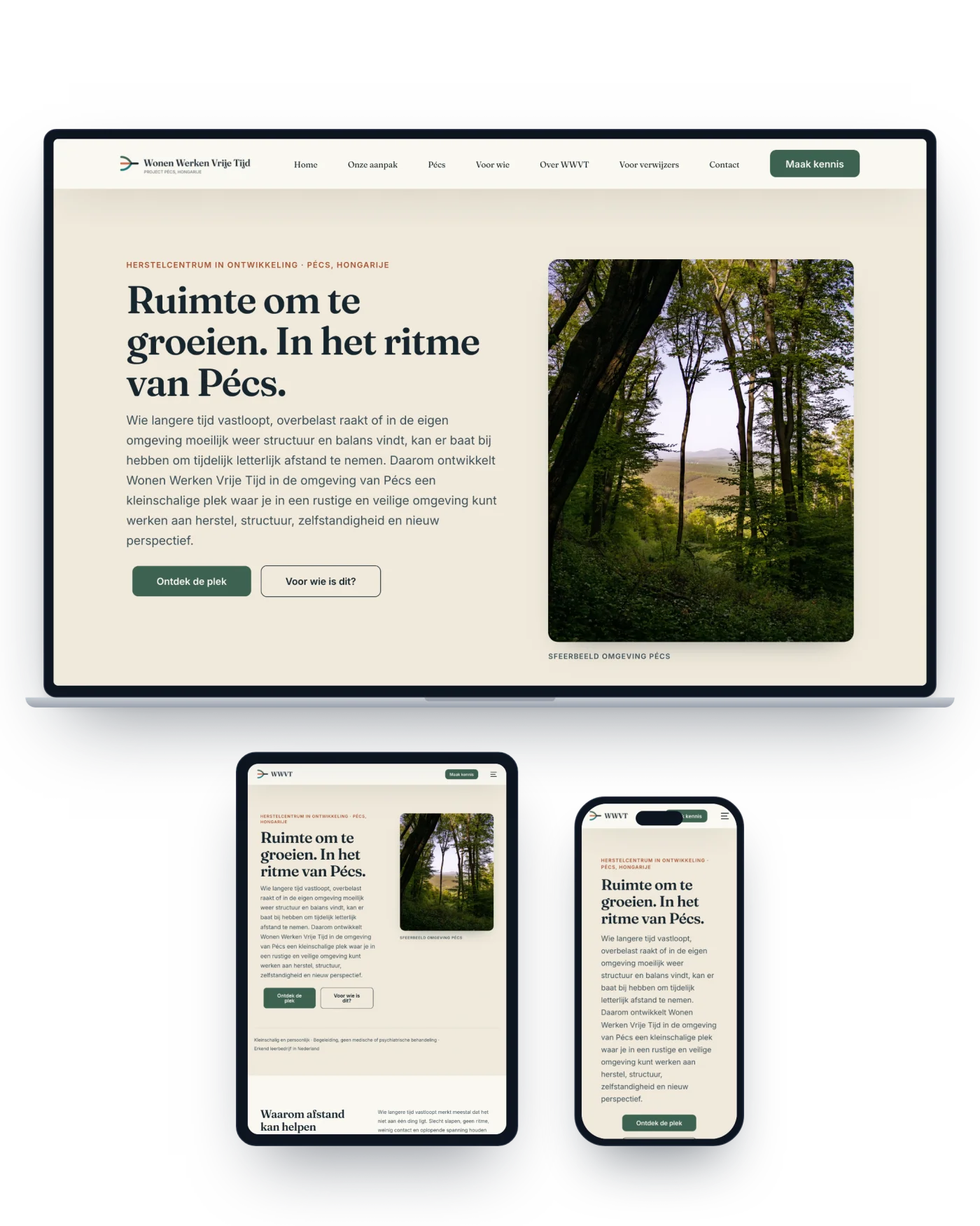 De website van Wonen Werken Vrije Tijd op een laptop, tablet en telefoon