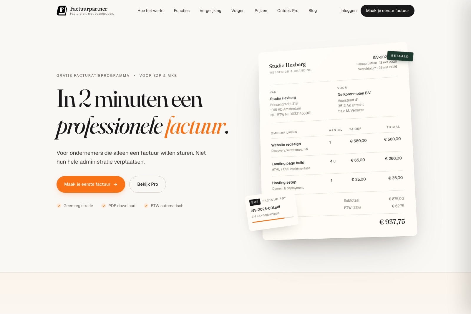 De voorpagina: in 2 minuten een factuur, met een voorbeeldfactuur ernaast