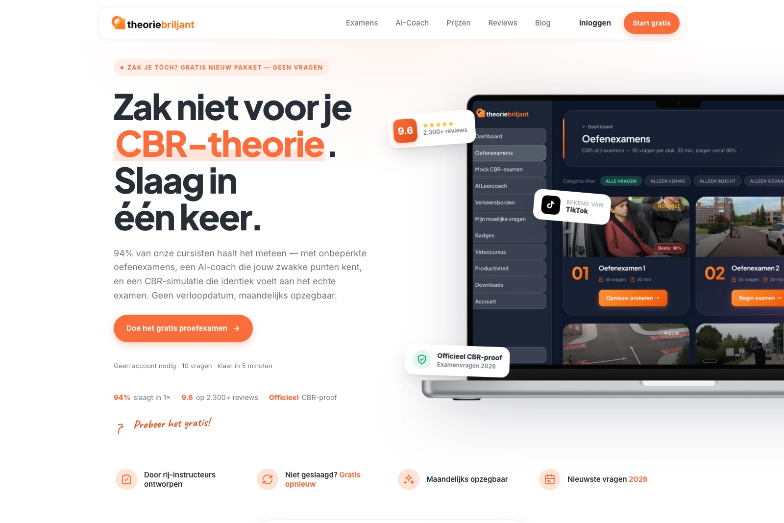 De voorpagina: de beschikbare examens, wat toegang kost en hoe lang die geldt