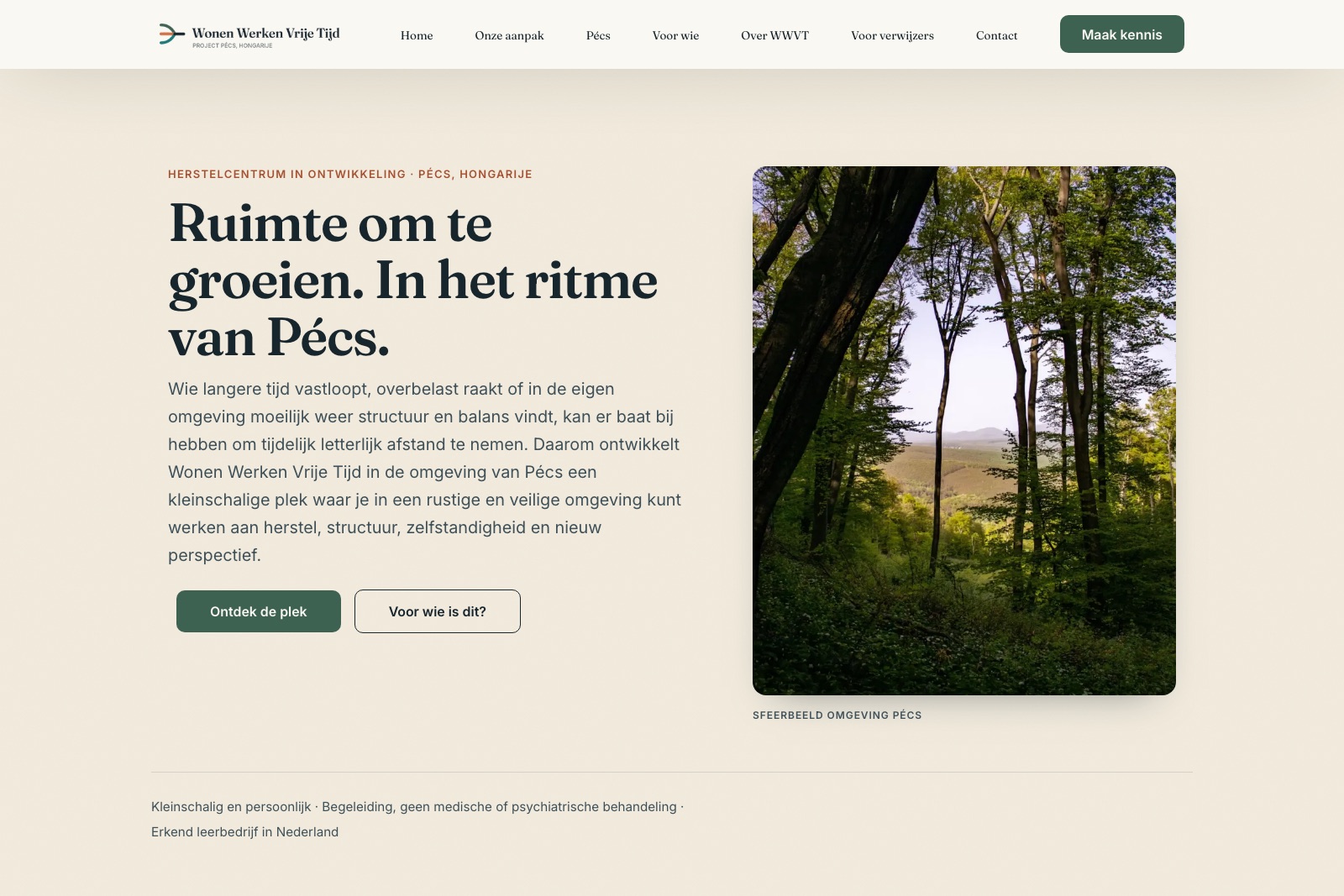De voorpagina: wat de plek wordt, voor wie, en hoe je contact opneemt